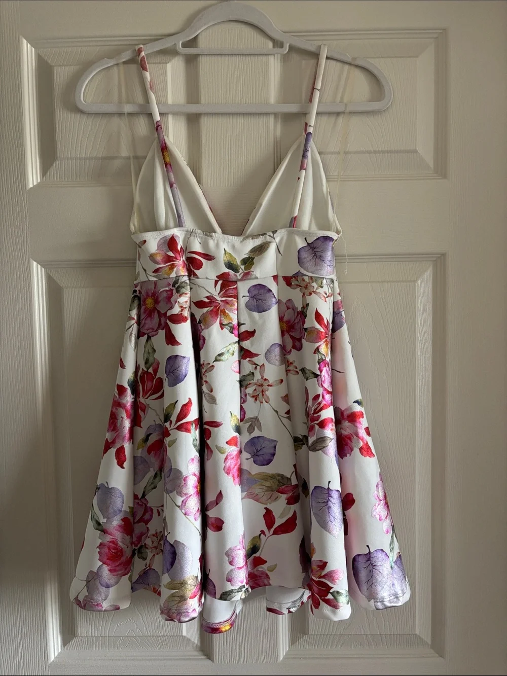 Floral V-Neck Mini Dress - White with Pink & Purple Flowers